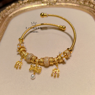 足金999传承古法金豆豆螺纹实心国风盘缠珠帘玉幕黄金仙哆啦手镯