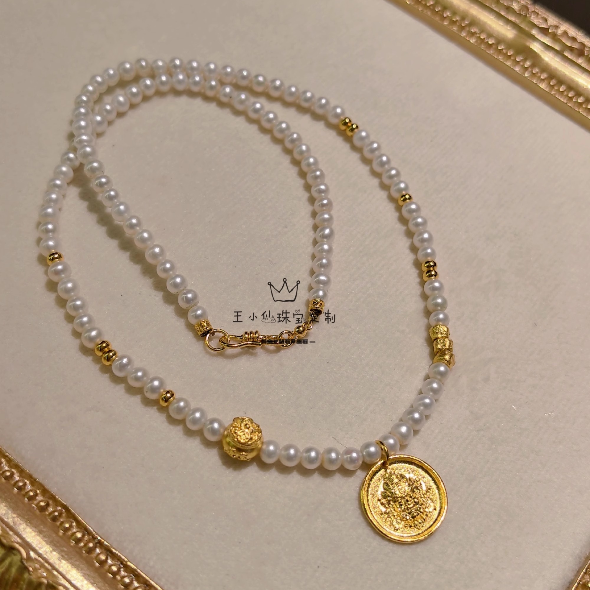足金999古法金锤纹錾刻黄财神招财进宝聚宝盆天然淡水珍珠项链女