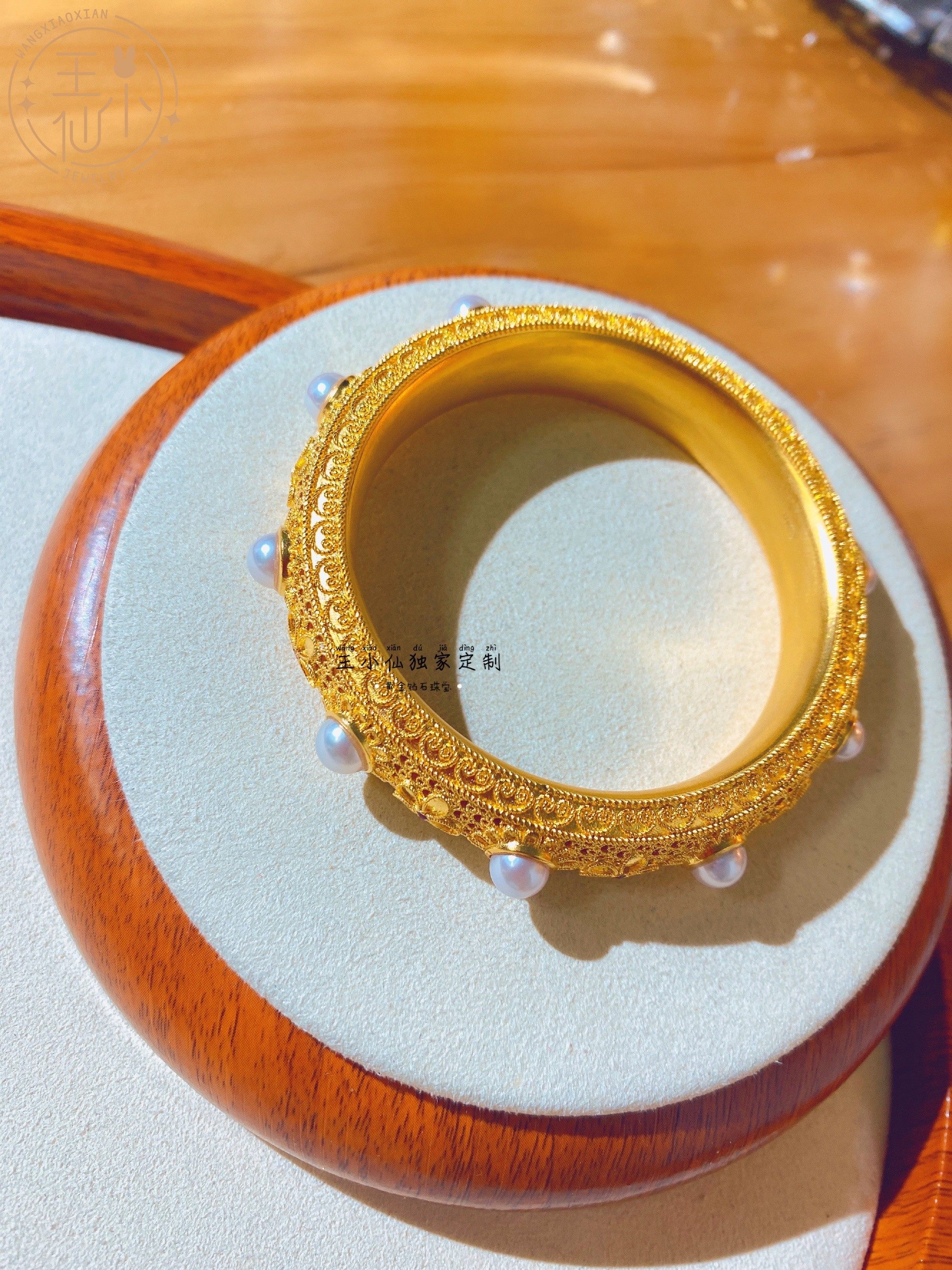 王小仙珠宝 999足金 手工古法金宫廷花花天女珍珠 红宝石花朵手镯