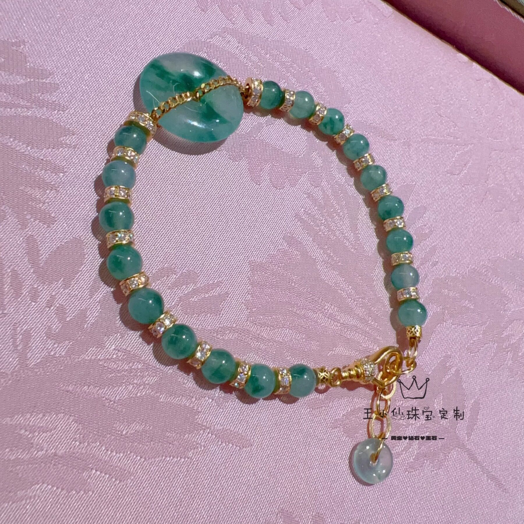 足金999莫桑古法金5mm翡翠珠手链天然缅甸翡翠阳绿冰种飘花平安扣