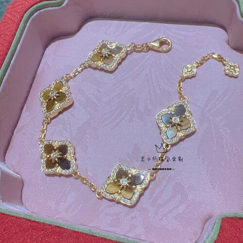 999足金5G工艺莫桑虎眼石宫廷巴洛克四叶草五花手链女士手串