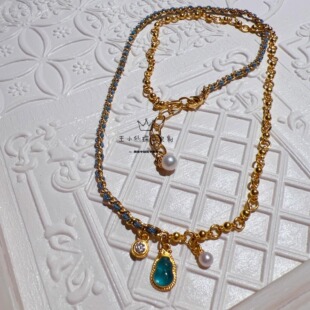足金999手工古法金珠珠链古巴链双拼天然碧玺小葫芦珍珠提溜项链