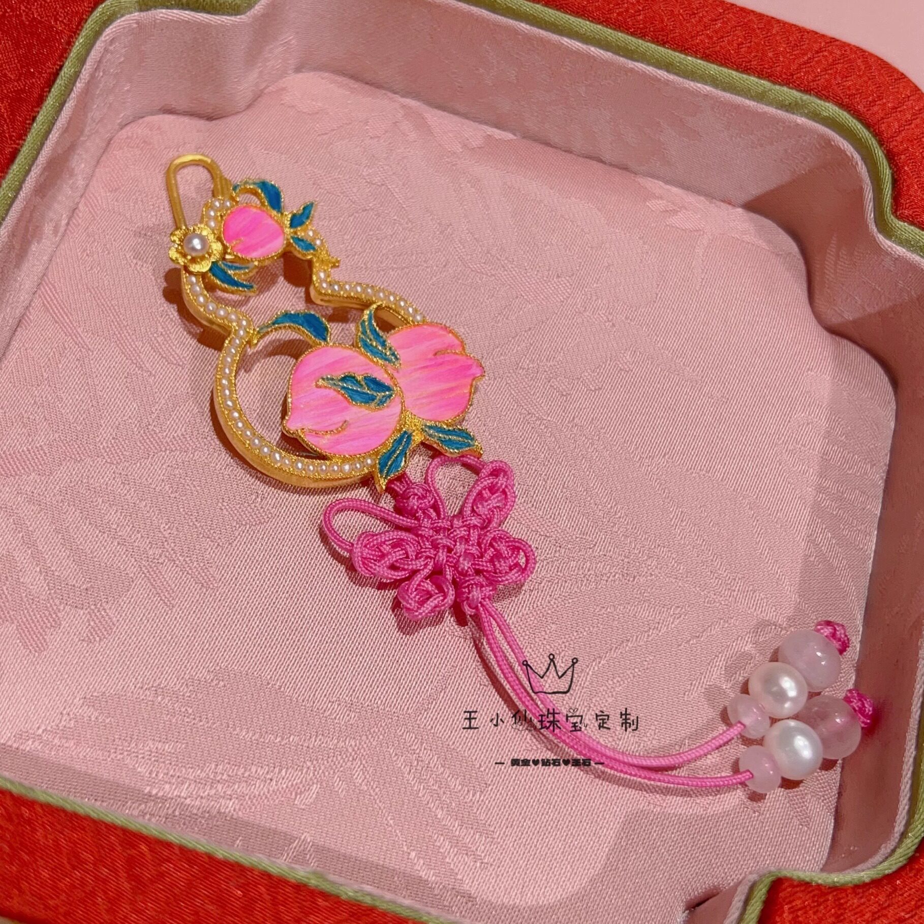 足金999古法金宫廷风非遗仿点翠天然淡水珍珠水蜜桃葫芦压襟吊坠