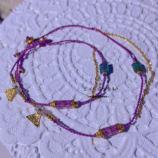 999足金古法金铜钱招财天然回纹碧玺桶珠香芋紫流苏手绳脚链