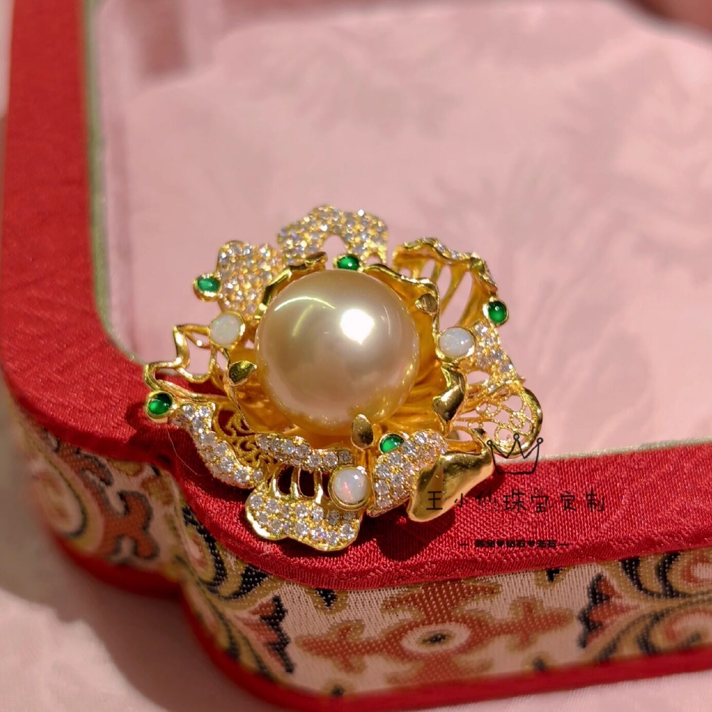 足金999古法金镂空牡丹花整圈戒指天然翡翠欧珀南洋金珠13-14mm