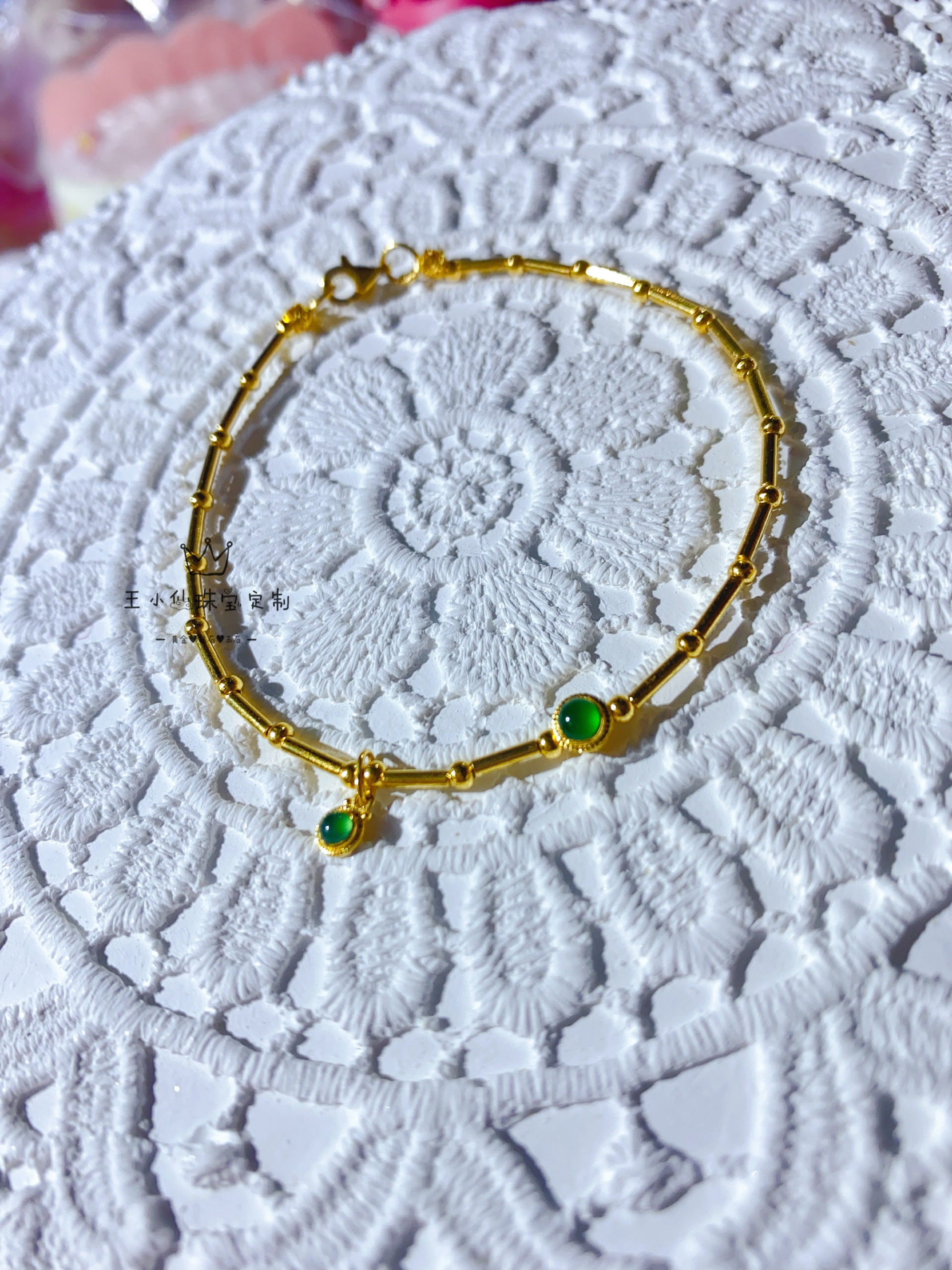 手工古法金竹节天然翡翠A货危料正阳绿 定价镶嵌 节节高手链