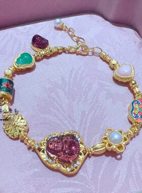足金999珍珠粉贝烧蓝花丝国风手链碧玺弥勒佛爱心珍珠手串女士