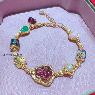 足金999珍珠粉贝烧蓝花丝国风手链碧玺弥勒佛爱心珍珠手串女士