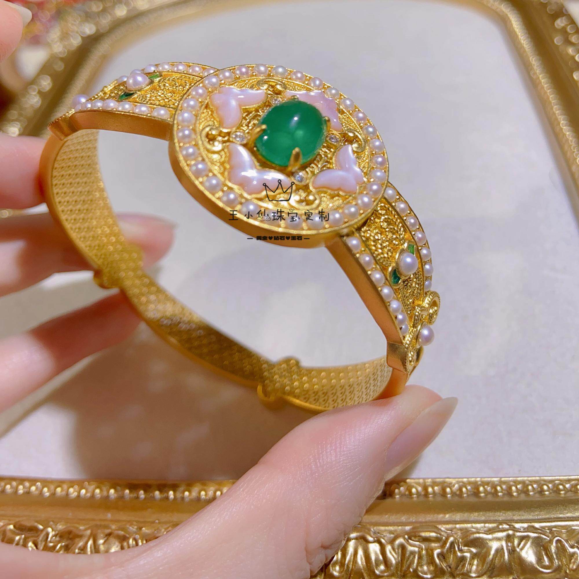 足金古法金宫廷风汉服配饰天然淡水珍珠绿宝石粉贝整圈黄金手镯