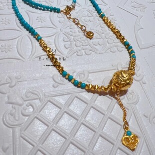 足金999传承古法金祥瑞如意金珠10mm迷你绿松石珠珠2mm项链金坨坨