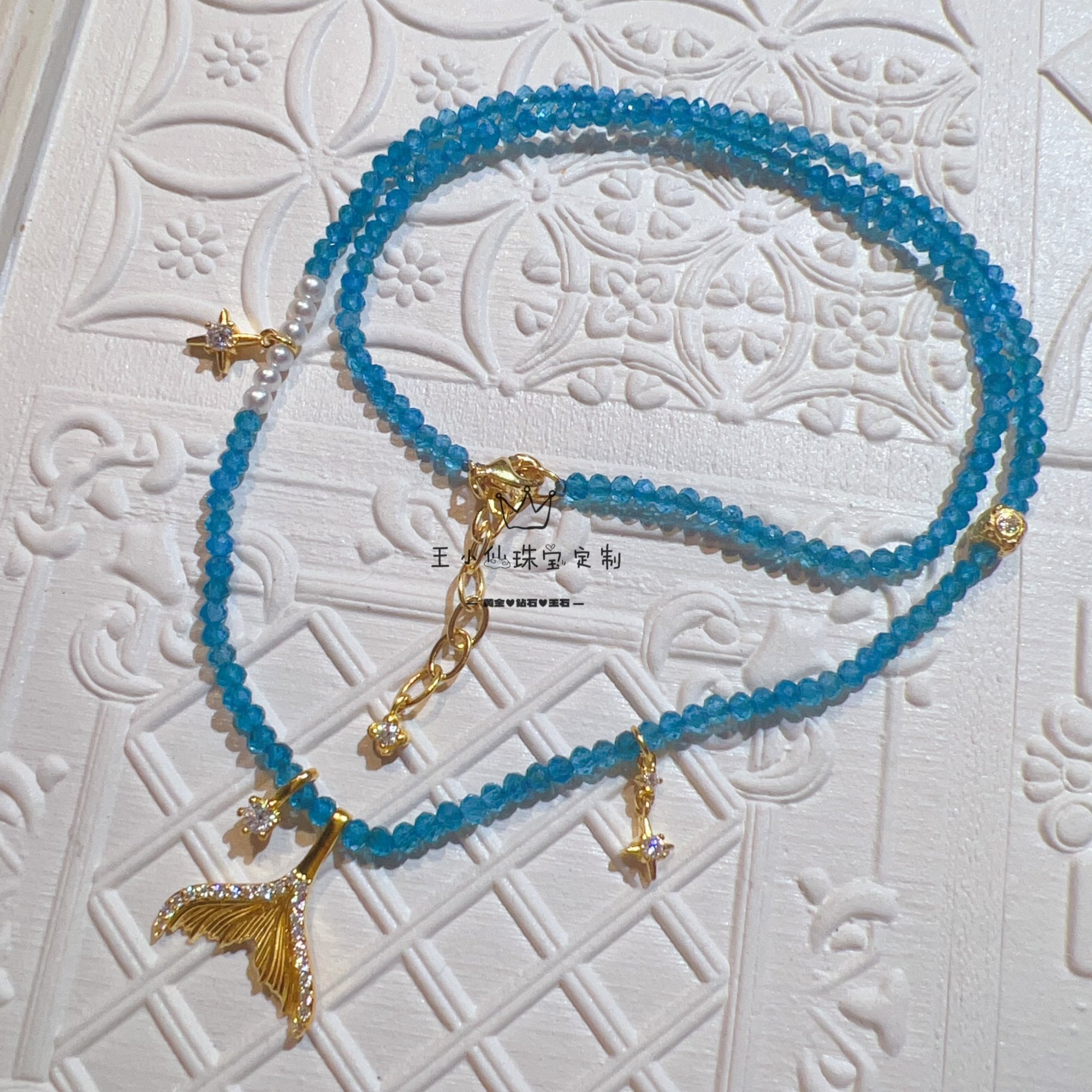 足金999古法金点钻工艺莫桑石美人鱼尾巴四芒星蓝色宝石项链女