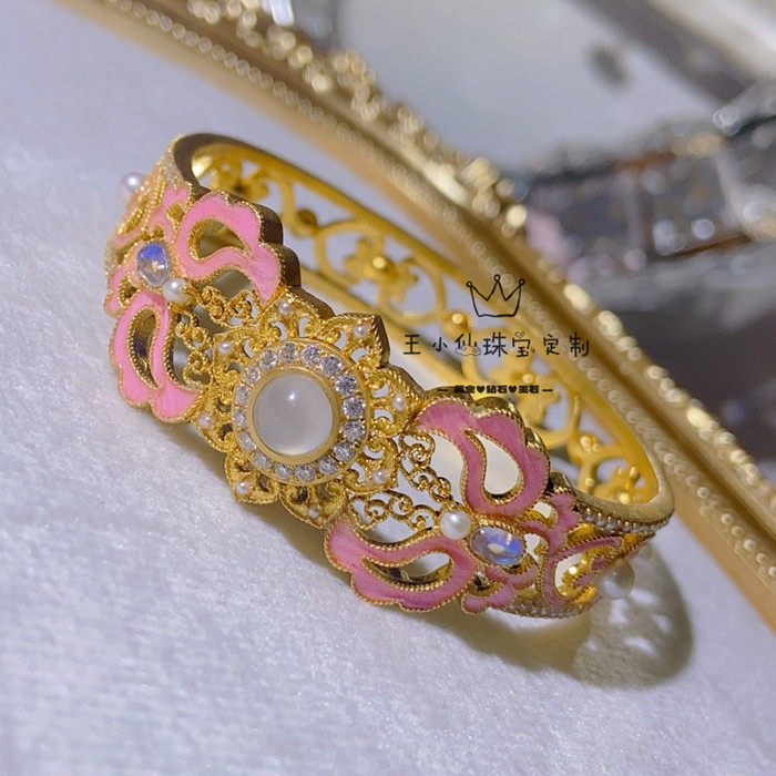 足金传承古法金仿点翠工艺粉黛蝶飞翡翠A货天然珍珠如意黄金手镯