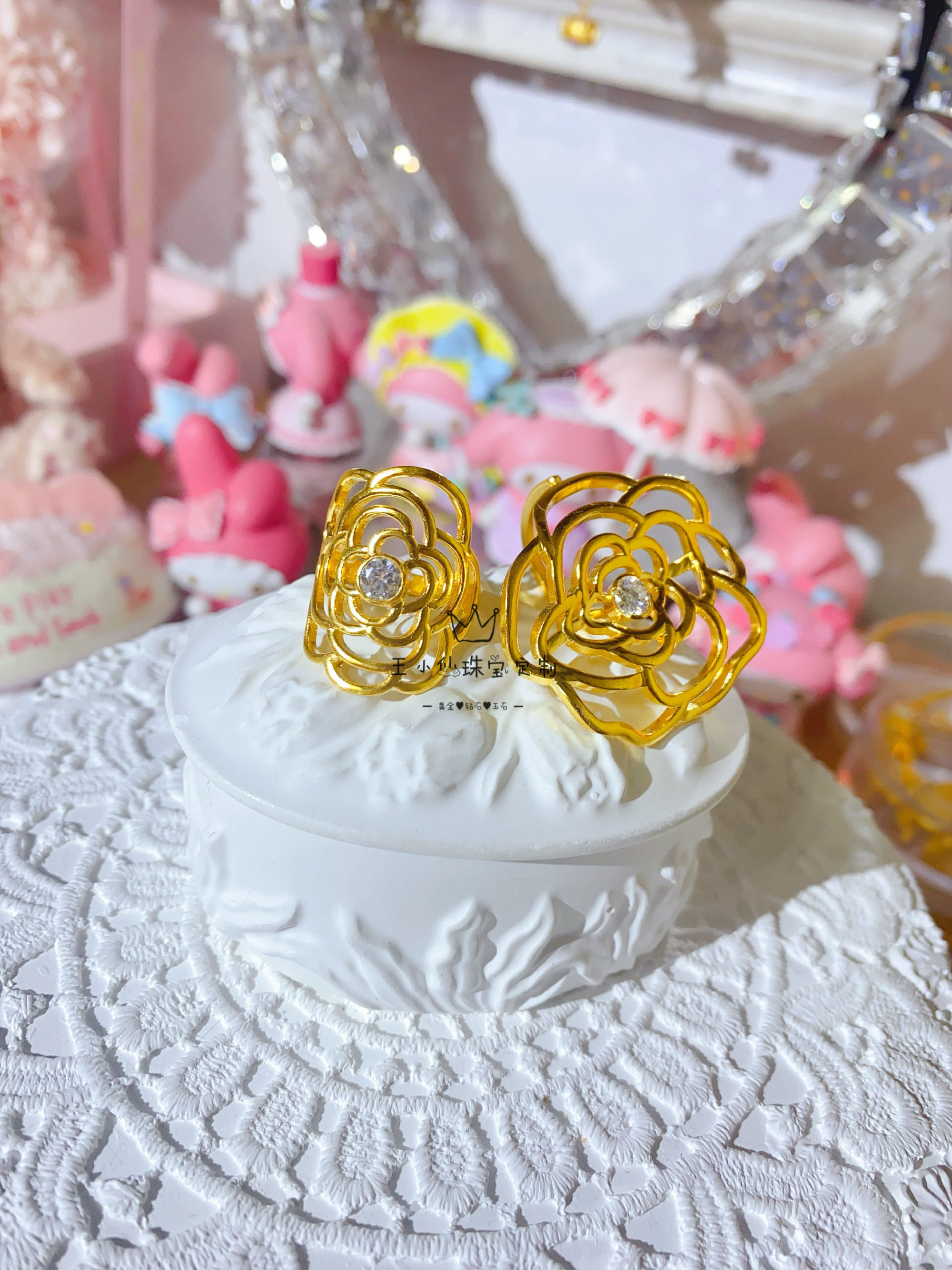 999足金手工金中古风山茶花50分莫桑石黄金戒指女