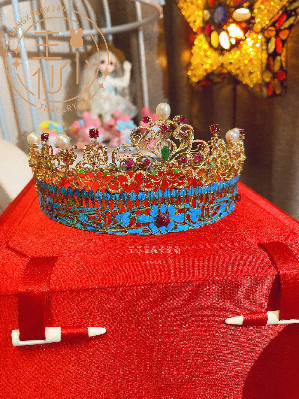 独家定制 18k金 古法花丝点翠 红宝石 翡翠 珍珠镶嵌 宫廷皇冠