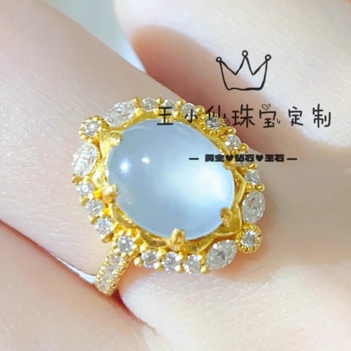 足金手工古法金点钻工艺莫桑石高冰翡翠A货蛋面宫廷风黄金戒指女