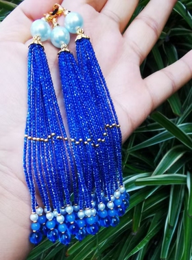 宝蓝色手工串珠流苏穗子吊坠diy手链项链古风璎珞压襟发簪配件