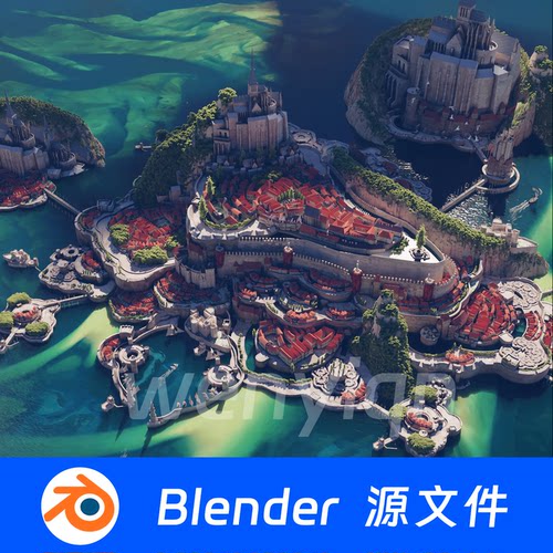 Blender海岛海上城市城堡港口码头场景模型2455