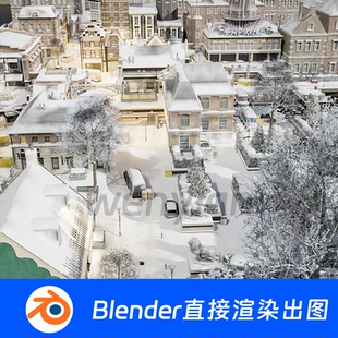 冬天雪景城市下雪街道工业区小镇建筑Blender场景模型1427