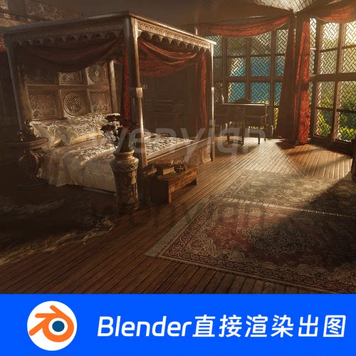 复古房间城堡古堡卧室别墅欧洲卧室豪华Blender场景模型1389
