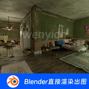 卧室房间现代客厅沙发床出租房厨房公寓昏暗Blender场景模型1400