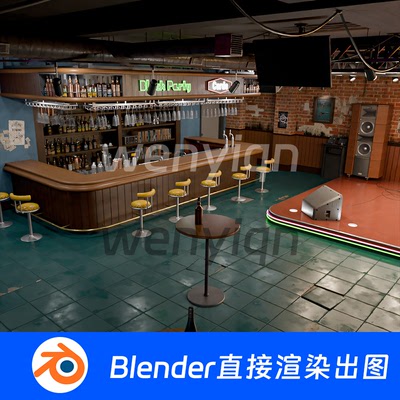 咖啡厅酒吧西餐厅吧台桌椅美式酒馆工业风Blender场景模型1218