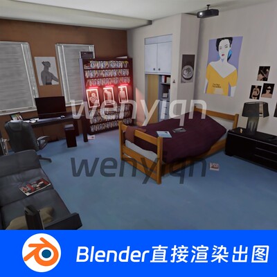 Blender卧室内装修房间床柜子衣柜电脑桌沙发投影仪模型729