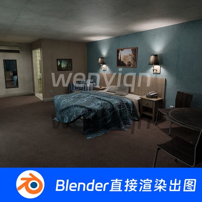 室内房间公寓洗手间酒店床Blender场景模型1263
