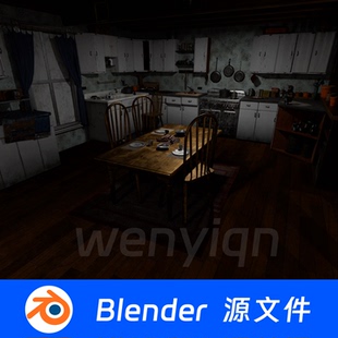 复古房间客厅卧室美式别墅昏暗厨房Blender场景模型2412