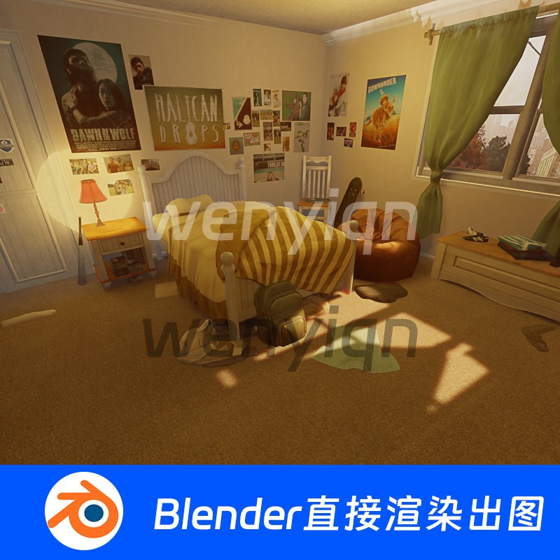 Blender卧室房间复古宿舍出租屋厨房浴室洗手间模型762