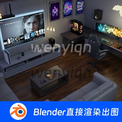 房间现代客厅沙发茶几电视柜书房Blender模型1063