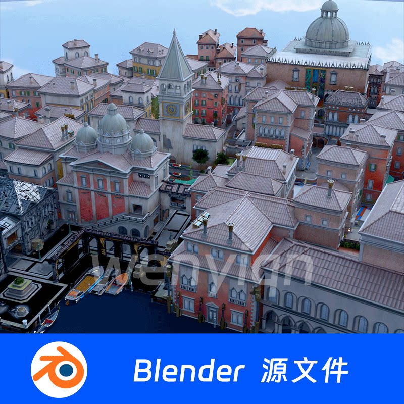 水城马路街道河道运河海边城市水上城市建筑Blender场景模型2134