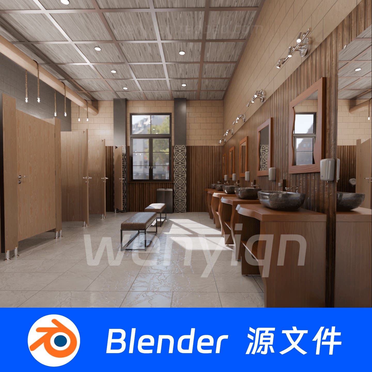 现代公共卫生间厕所商场洗手间洗手盆Blender场景模型2528