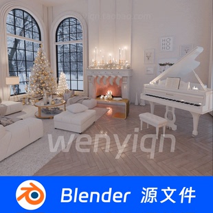 现代房间酒店室内客厅沙发壁炉钢琴圣诞节Blender场景模型2525
