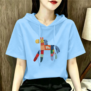 带帽短袖t恤女装2026新款夏装连帽韩版时尚帽衫卫衣女士百搭上衣