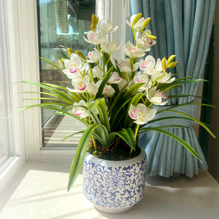 高档手感蕙兰仿真花艺客厅高级仿生插花摆件高端假花盆栽装饰摆设