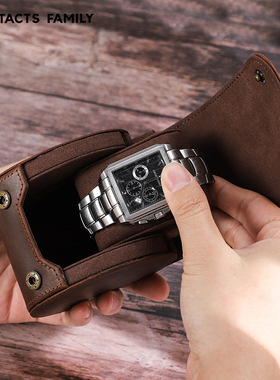 contacts family复古疯马牛皮真皮手表盒单只装扣子便捷创意收纳