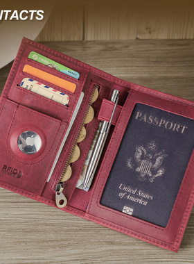 复古疯马牛皮真皮质RFID防磁护照包多功能airtag位皮夹旅行零钱包