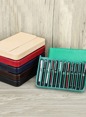 复古疯马牛皮真皮质彩色笔袋12支装手工制磁吸学生钢笔收纳盒便携