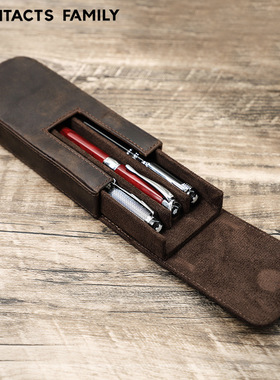 复古疯马牛皮真皮质笔袋3支装手工制磁吸学生钢笔收纳盒旅行便携