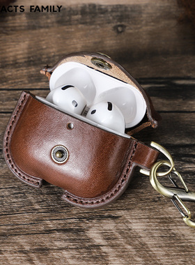 适用于2024新款苹果airpods4真皮牛皮质复古蓝牙耳机保护套挂钩