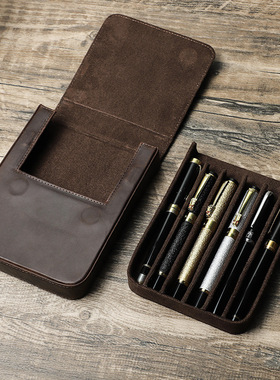 复古疯马牛皮真皮质笔袋6支装手工制磁吸学生钢笔收纳盒旅行便携