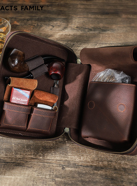 全粒面摔纹真皮质牛皮烟斗包手提拉链打火机烟丝收纳盒套装多功能