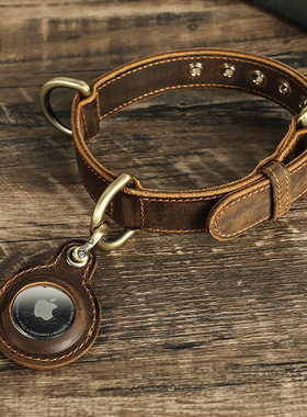 复古疯马牛皮真皮质宠物狗项圈脖圈airtag保护套组合套装定位防丢