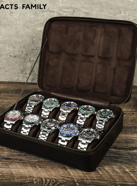 长方形复古疯马牛皮质真皮手表收纳盒袋拉链10位装手工制旅行便携