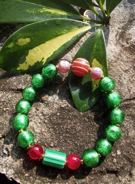 镶蚀鬼眼红玉髓老玛瑙洒金箔款绿色老琉璃原创手串