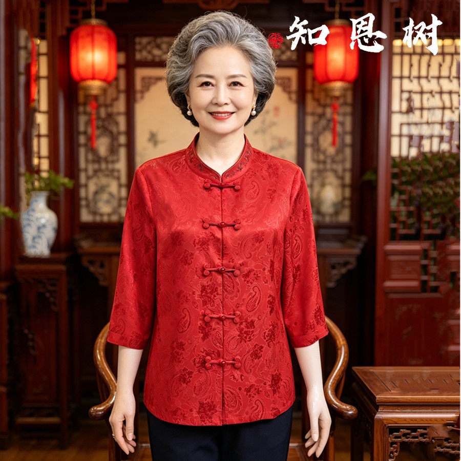 新款中老年真丝半袖唐装国风老年人短袖上衣女奶奶桑蚕丝衬衫女款