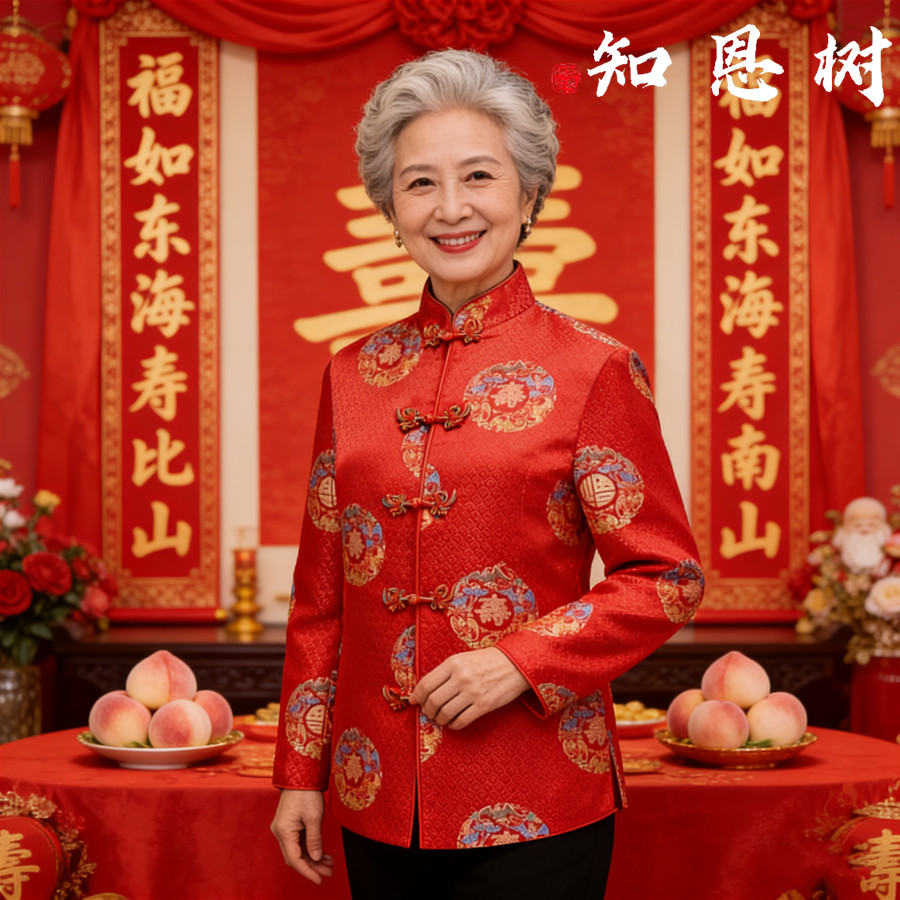 妈妈真丝绸缎棉袄套装棉花唐装春季新款老人国风大红太太中式上衣