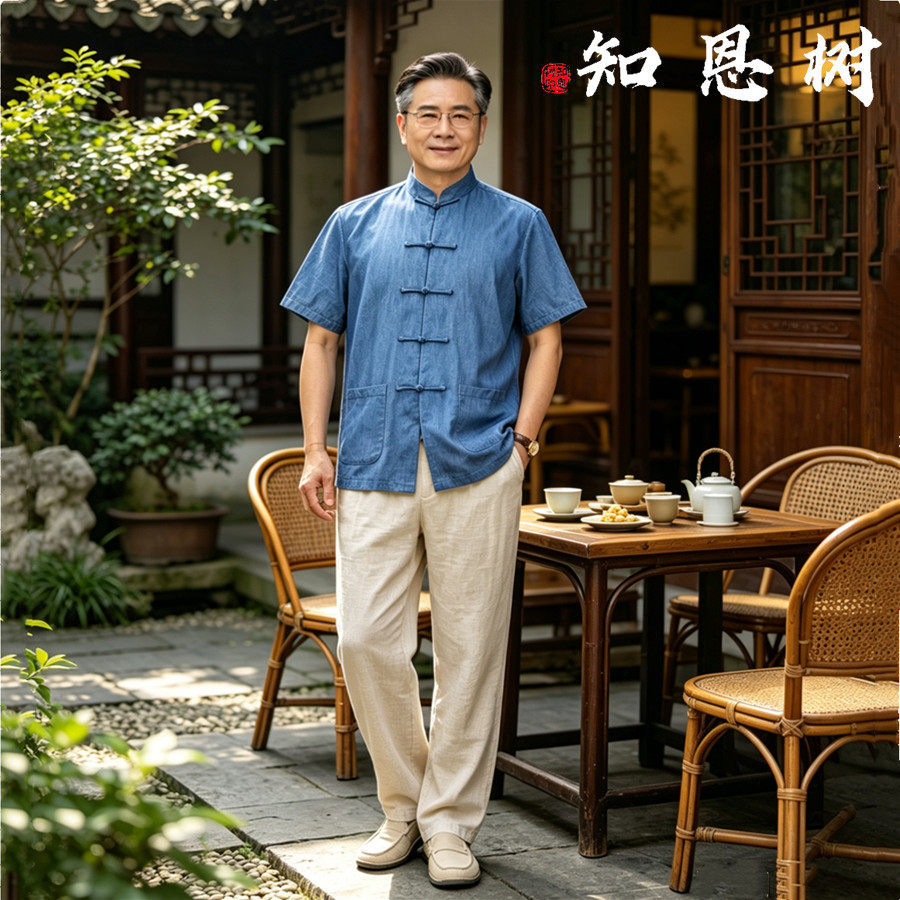夏季复古纯棉牛仔蓝色薄款老年人短袖唐装男套装中式衬衫男装汉服
