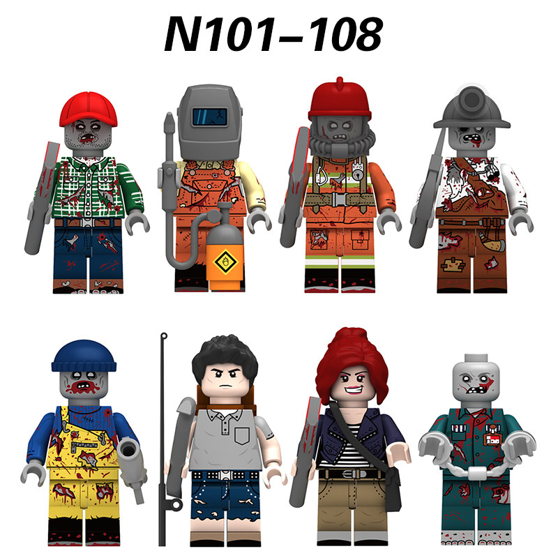 兼容乐高丧尸积木人仔万圣节恐怖人偶伐木工电焊工消防员渔夫玩具