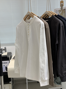 美式复古亨利领 odm公司货 100%棉休闲长袖T恤男纯色套头打底衫潮